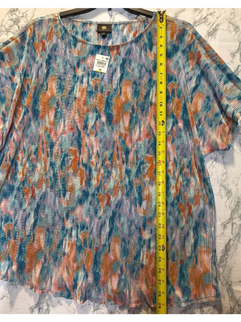JM Collection 1X Multicolor Pleated Short Sleeve Top Etched Glass Pattern flowy - Picture 5 of 12
